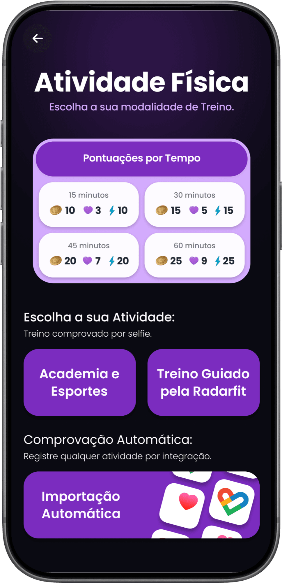 App da Radarfit mostrando o pilar de Atividade física